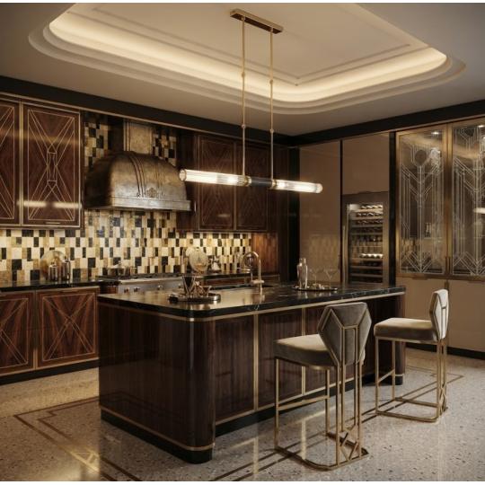 luxus artdeco glamour matna zlata kuchynska doska jedalensky stol osvetlenie visiacia lampa sklenene tienidlo mramor s intarziou.jpg